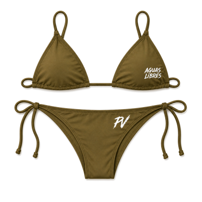 Front of the Aguas Libres Olive Triangle Bikini Swimsuit — solid olive triangle top with white AGUAS LIBRES script on the right cup, side-tie bottoms with white PV monogram on the right hip.