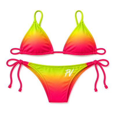 Neon Sunset Triangle Bikini Swimsuit — neon ombré gradient (lime to orange to hot pink) triangle-tie top and side-tie bottoms with white PV monogram on the right hip.