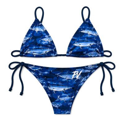Front of the Patria Vive Offshore Pesca Triangle Bikini — bluewater pesca all-over print with sailfish, marlin, and tuna; white PV monogram on the right hip; navy ties.