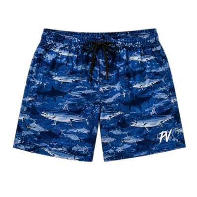 Patria Vive Offshore Mid-Length Water Shorts — bluewater pesca all-over print with sailfish, marlin, and tuna; PV monogram on the right leg; black drawstring waist.