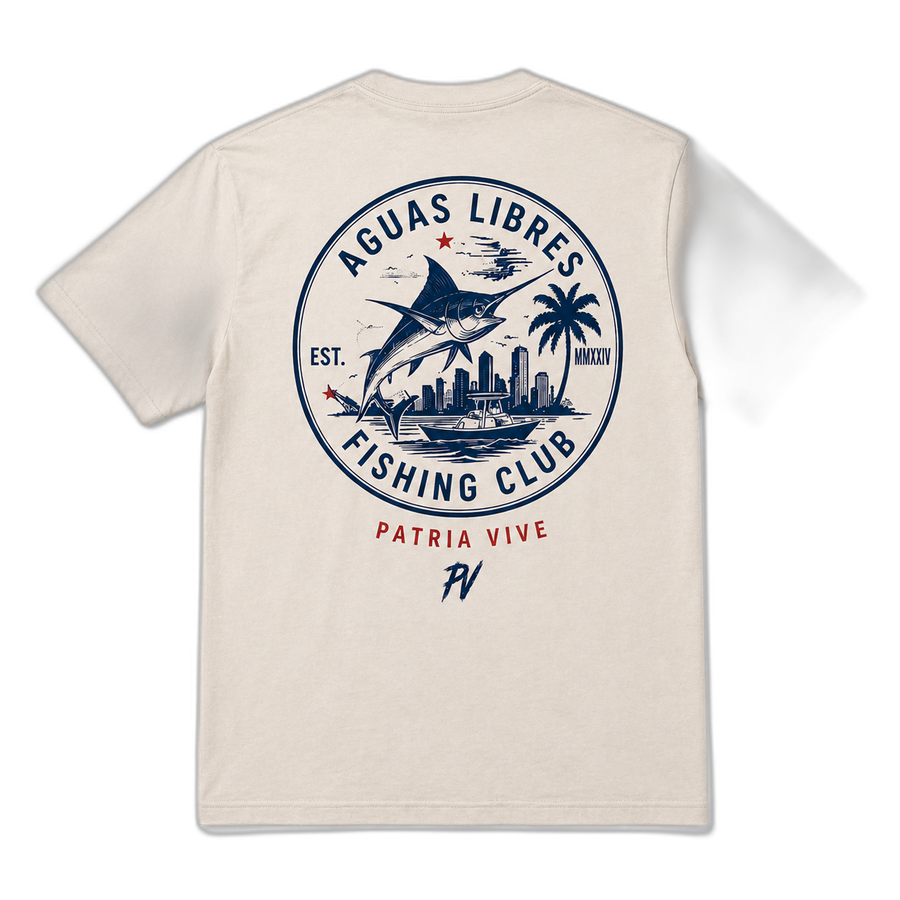 Aguas Libres Fishing Club Garment-Dyed Tee detail - Cuban shirt and Cuba merch by Patria Vive