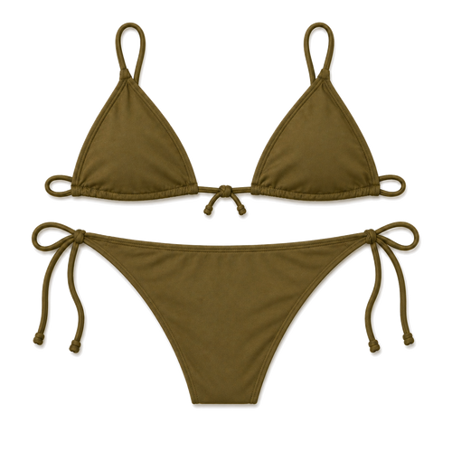 Back of the Aguas Libres Olive Triangle Bikini Swimsuit — solid olive / military green triangle-tie top and side-tie bottoms.