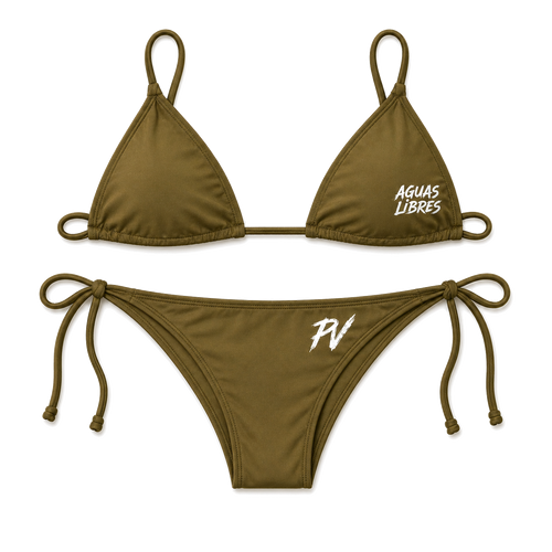 Front of the Aguas Libres Olive Triangle Bikini Swimsuit — solid olive triangle top with white AGUAS LIBRES script on the right cup, side-tie bottoms with white PV monogram on the right hip.