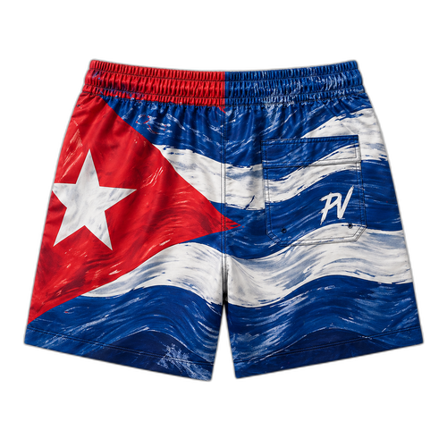 Back of Bandera Wave Mid-Length Water Shorts — Cuban flag wave print continuing across the back, red triangle and white star on the left back panel, PV monogram on the right back pocket.