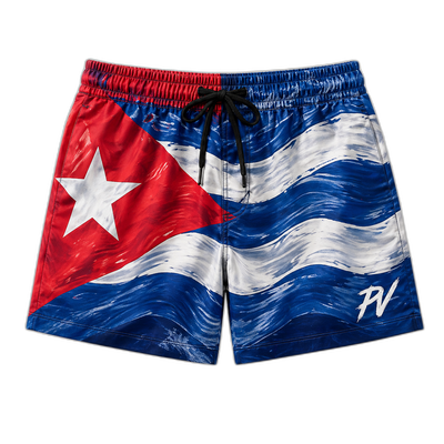 Front of Bandera Wave Mid-Length Water Shorts — Cuban flag wave all-over print, red triangle and white star on the left leg, brushstroke wave stripes, PV monogram on right leg, black drawstring waist.