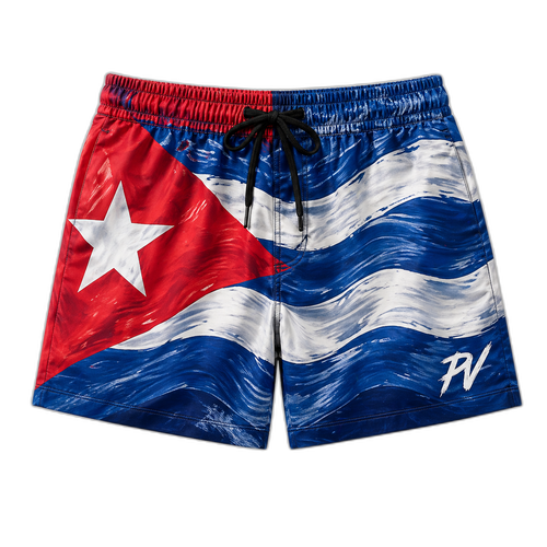 Front of Bandera Wave Mid-Length Water Shorts — Cuban flag wave all-over print, red triangle and white star on the left leg, brushstroke wave stripes, PV monogram on right leg, black drawstring waist.