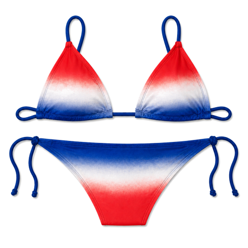Back of the Cuba Libre Bandera Triangle Bikini — red-to-blue ombré triangle top and blue-white-red ombré bottoms, royal blue side ties.